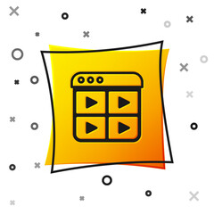Black Music playlist icon isolated on white background. Yellow square button. Vector