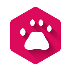 White Bear paw footprint icon isolated with long shadow background. Pink hexagon button. Vector