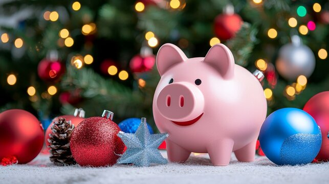 A cheerful piggy bank with colorful Christmas decorations, embodying savings and the holiday spirit - Powered by Adobe