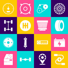 Set Car battery jumper power cable, tire, Timing belt kit, Gear shifter, Chassis car, Speedometer and air filter icon. Vector