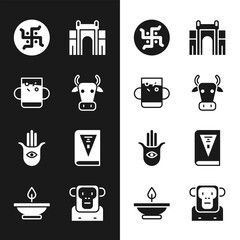 Set Cow, Cup of tea and leaf, Hindu swastika, India Gate Delhi, Hamsa hand, constitution day, Monkey and Aroma lamp icon. Vector