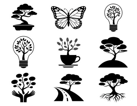 abstract nature icons with trees roots butterfly and lightbulb