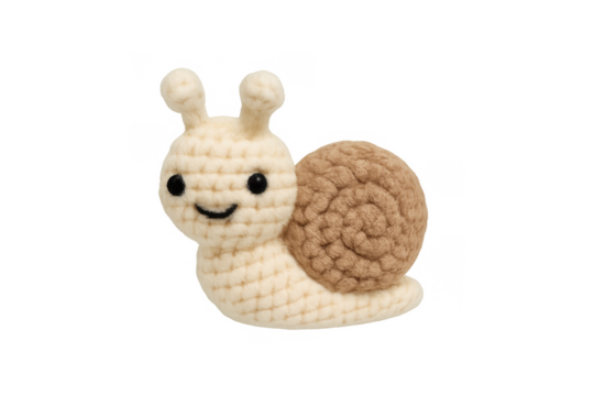 Cute crochet snail toy with transparent background