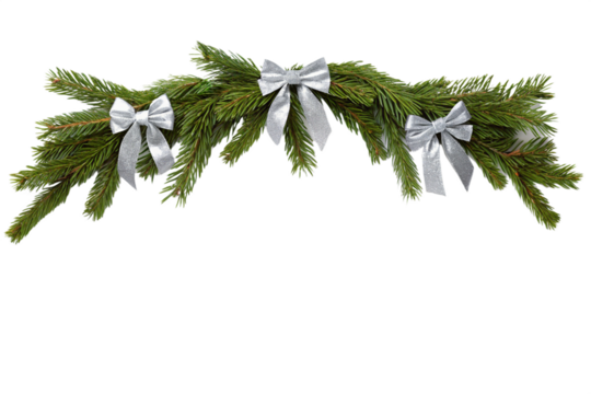 Festive christmas fir garland decorated with elegant silver bows, perfect for holiday background, banner decoration or festive frame element