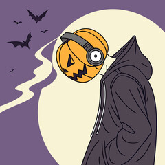 Fototapeta na wymiar A jack-o'-lantern-headed person in a black hoodie listens to music with large headphones against a purple backdrop, evoking a spooky yet playful Halloween vibe