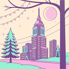 Fototapeta premium Futuristic vaporwave Christmas background with city skyline