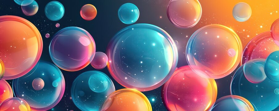 A colorful abstract background with vibrant bubbles in various sizes floating against a dark backdrop, creating a dynamic and playful visual effect