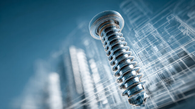 Detailed 3d visualization of a metallic screw with architectural blueprint overlay symbolizing engineering, construction, and industrial design concepts in a modern setti