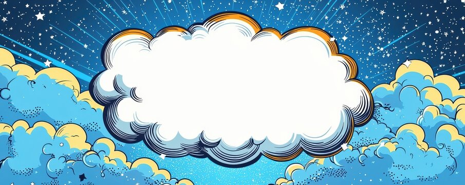 Vibrant comic book style blank speech bubble with dynamic blue sky and colorful clouds