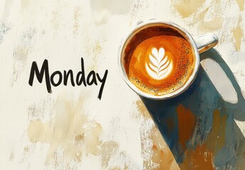 A cup of coffee with latte art and the word Monday on a textured background, symbolizing the start of a new week with energy and motivation