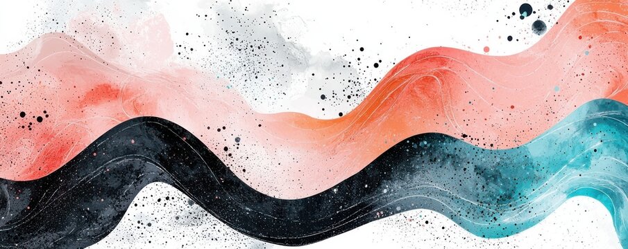 Abstract design with flowing waves and splatter patterns in black, pink, and teal against a white background