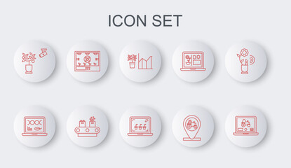 Set line Laptop application for smart farm, Genetic engineering modification, Flower statistics, Tractor and location, Smart farming technology, Conveyor belt with box and icon. Vector