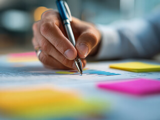 Close-up of a professional hand annotating colorful charts and sticky notes during a business or planning meeting, highlighting detailed analysis and organization.