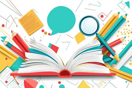 Open book with colorful pencils, magnifying glass, and geometric shapes in a flat design style illustrating creativity and education - Powered by Adobe