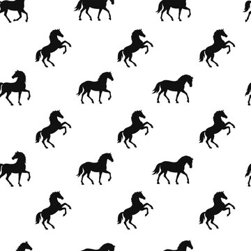 Seamless pattern with rearing black horse silhouettes on white background. Wallpaper, with repeating equine motifs print in simple vector style for 2026 Year of the Horse designs, textile backgrounds