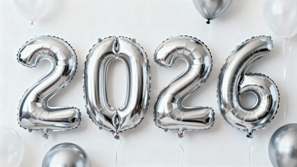 Silver balloons representing the year 2026 on white background  