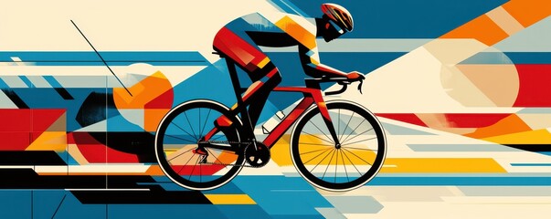 Naklejka premium Dynamic graphic design poster featuring an extreme cyclist in vibrant geometric art style with bold colors and movement