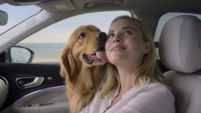 Adorable golden retriever dog showing affection by licking a happy young woman's face while sitting together in a car with the beach visible through the window on a sunny day