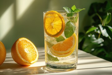 Refreshing highball glass with citrus slices and mint set against a sunlit background