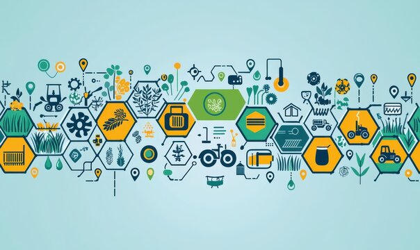 Hexagonal pattern with icons of agriculture and technology concepts in a modern illustrative design