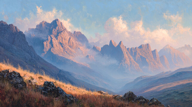 Serene mountain valley bathed in golden sunlight with jagged peaks and soft clouds under a bright blue sky showcasing natural beauty and calm atmosphere