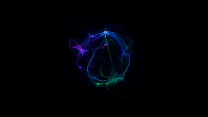 Mystical energy sphere with flowing purple, green and blue neon trails on black background, glowing abstract light orb in darkness