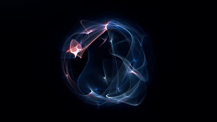 Abstract pink and blue glowing energy sphere with smooth swirling plasma motion and digital light trails. Futuristic tech-style composition on dark backdrop.