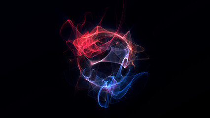 Energetic light sphere in red and blue glowing waves on dark background. Abstract plasma flow forming circular motion. Sci-fi style digital visualization of energy twist and fluid light trail dynamics