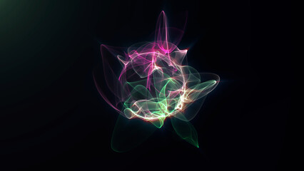 Colorful glowing sphere made of fluid light trails in soft pink, green, and white tones on a dark background. Abstract magical energy shape with dynamic movement and mystical aura.