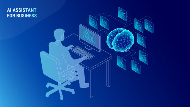 Business Productivity Assistant concept - AI assistant helping human productivity and business workflow organization - futuristic workplace with digital brain and smart automation icons - vector