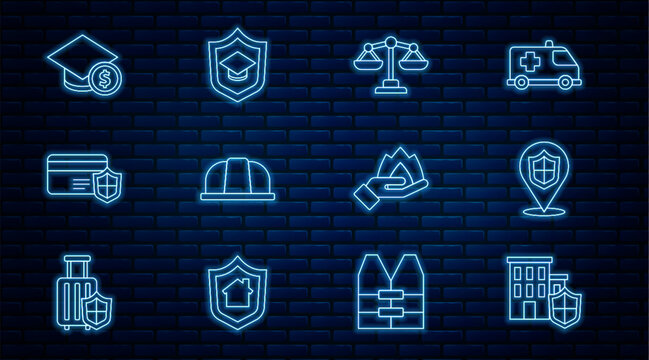 Set line House with shield, Location, Scales of justice, Worker safety helmet, Credit card, Graduation cap and coin, Hand holding fire and icon. Vector