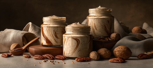 Creamy pecan butter in glass jars