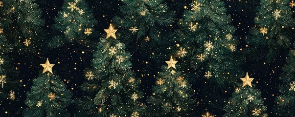 A festive pattern of green Christmas trees decorated with gold stars and snowflakes for a holiday-themed background