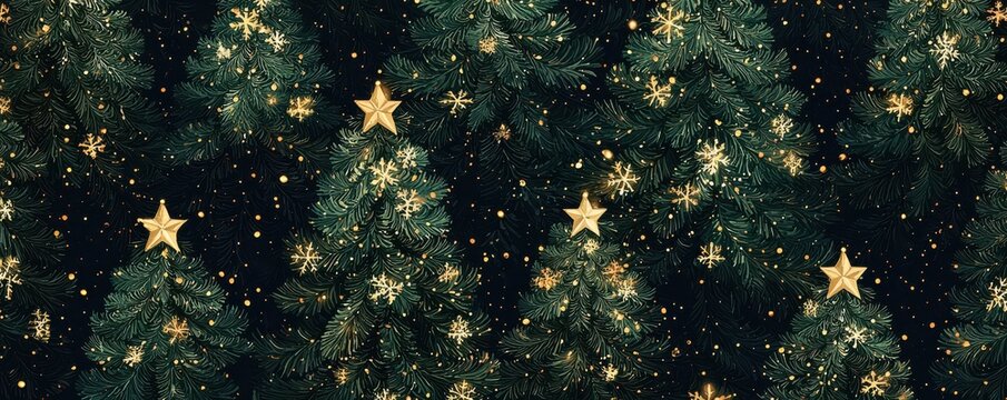 A festive pattern of green Christmas trees decorated with gold stars and snowflakes for a holiday-themed background