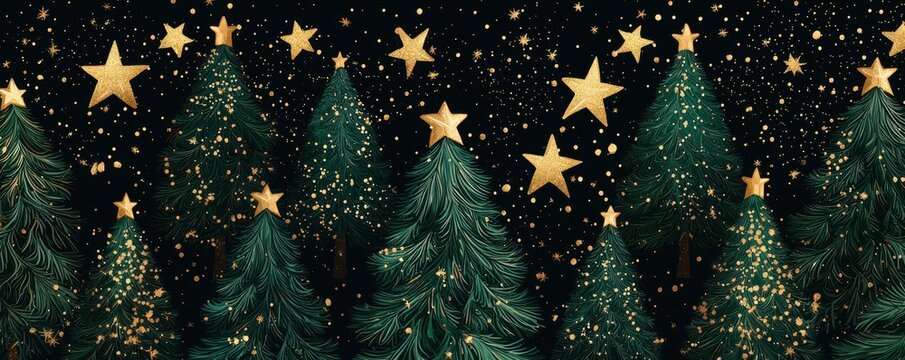 Festive pattern of green Christmas trees adorned with golden stars and glittering decorations on a dark background
