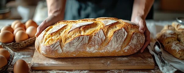 Hands holding a freshly baked long oval loaf of bread on a wooden cutting board surrounded by fresh eggs