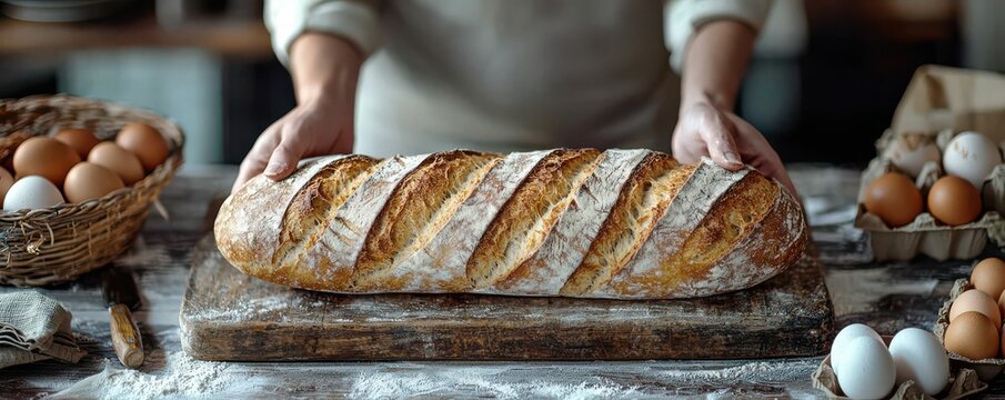 Baker presenting a freshly baked long oval loaf of rustic bread in a cozy kitchen setting - Powered by Adobe