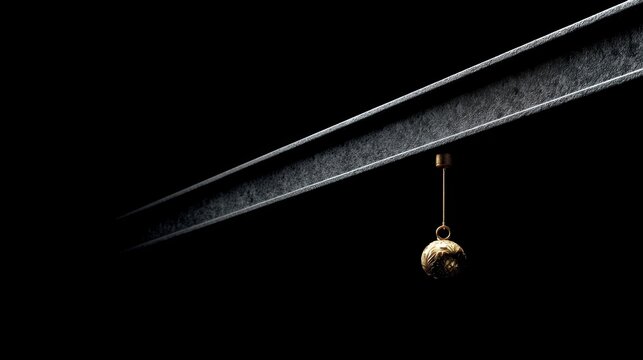 Abstract golden sphere hanging from a textured beam against a black background