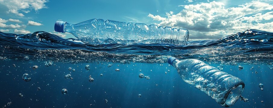 Plastic bottles floating in the ocean under a bright sky, highlighting environmental pollution and ocean conservation issues