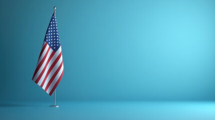 Patriotic American flag draped beautifully against a bright blue background