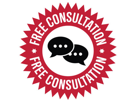 A red badge with white text reads "FREE CONSULTATION" surrounding a graphic of two chat bubbles.