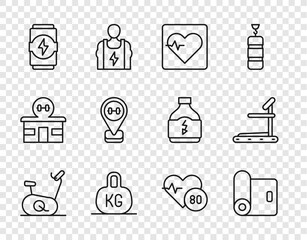 Set line Stationary bicycle, Fitness mat roll, Heart rate, Weight, Energy drink, Location gym, and Treadmill machine icon. Vector