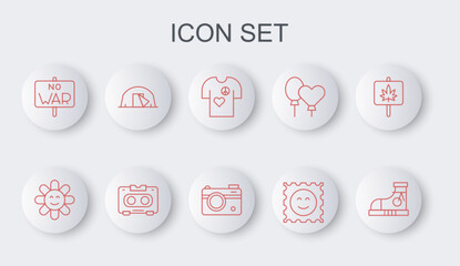 Set line Sneakers, Flower, Peace t-shirt print stamp, LSD acid mark, No war, Tourist tent, Retro audio cassette tape and Photo camera icon. Vector