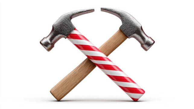 Two crossed hammers with candy cane handles on a white background