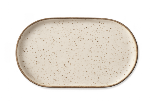 Empty oval ceramic speckled plate with rustic rim
