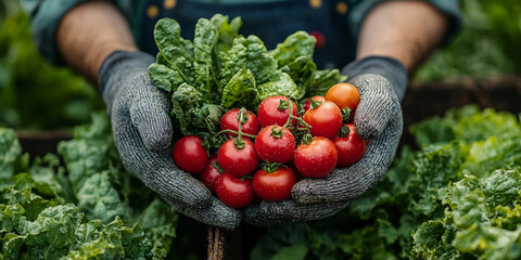 Farmer's hand holds fresh tomatoes and greens in garden Generative AI