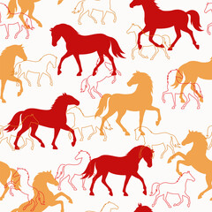 Seamless pattern with red and gold horse silhouettes on white background. Equine zodiac endless print for 2026 Year of the Horse. Oriental luxury background, wallpaper for Lunar new year and Christmas