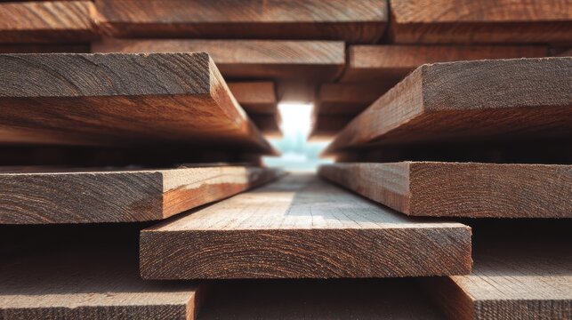 Stack of freshly cut lumber ready for construction projects and carpentry