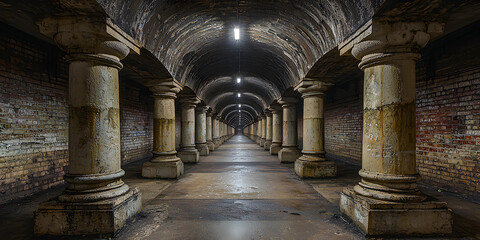 Long narrow aisle with sturdy columns and dim lighting Generative AI