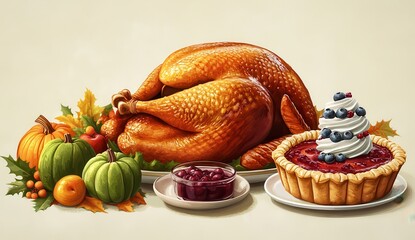 Traditional Thanksgiving feast with roasted turkey and desserts